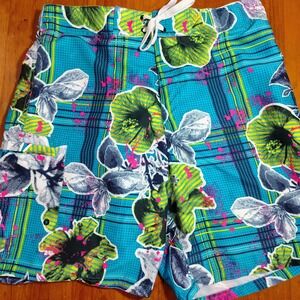 Joe‎ Boxer Men Tropical Plaid Swim Trunks Shorts Blue L/G Aloha Beach Pool